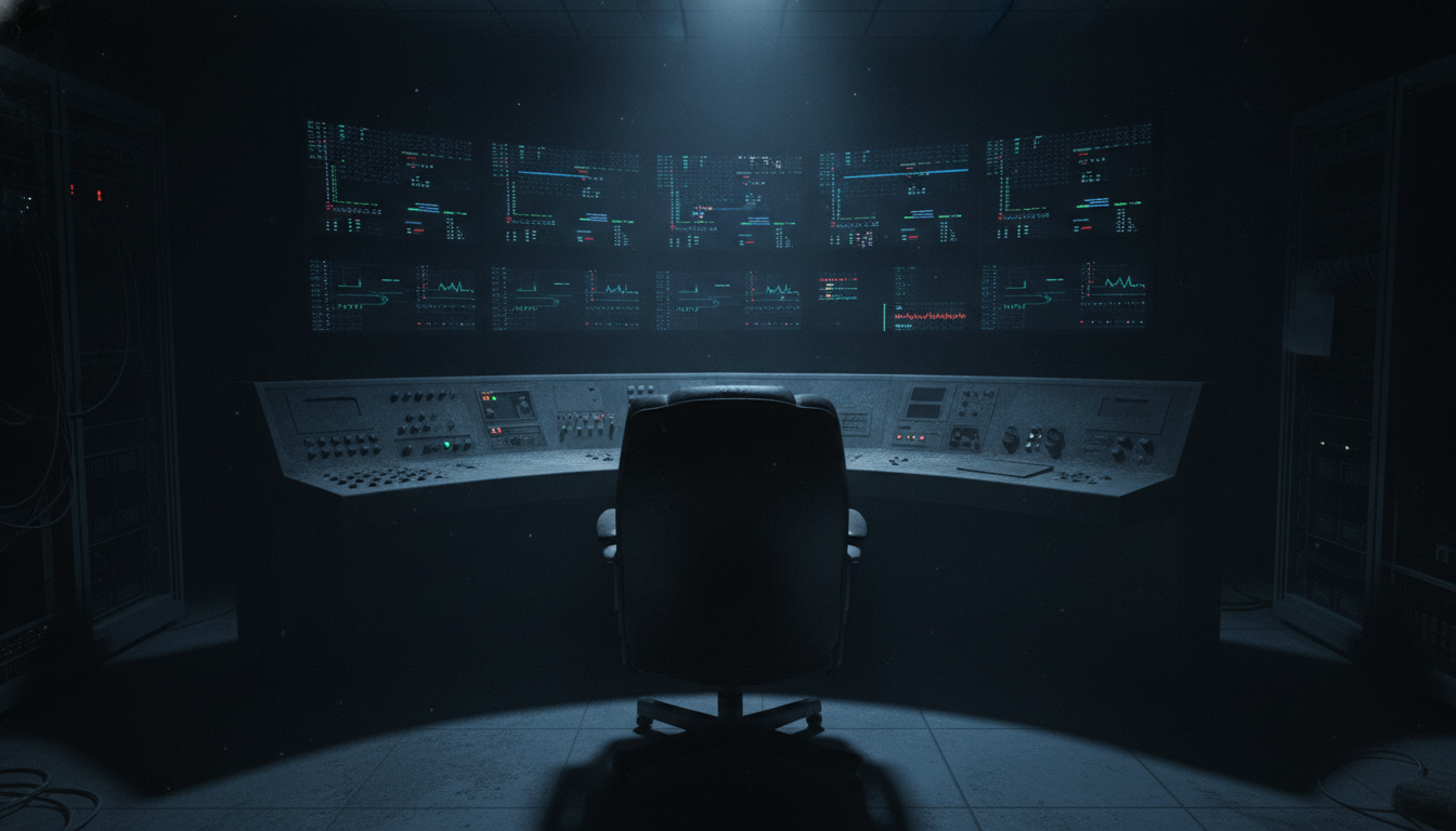Sala de controle escurecida vista por trás de uma cadeira vazia, com painéis de monitoramento acesos e poeira depositada sobre o console.