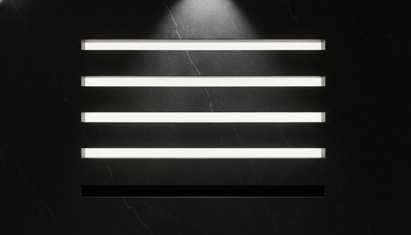 Uma placa de mármore escuro com cinco sulcos usinados, quatro preenchidos por luz branca e um deixado vazio e apagado.