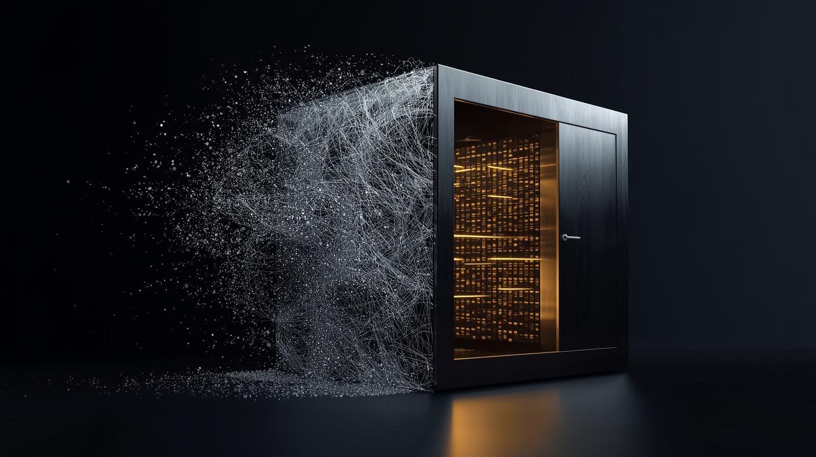 Visualização esquemática e minimalista contrastando o caos da Shadow AI baseada em nuvens públicas com a proteção soberana do confinamento de dados operado através de Small Language Models e firewalls estritos.