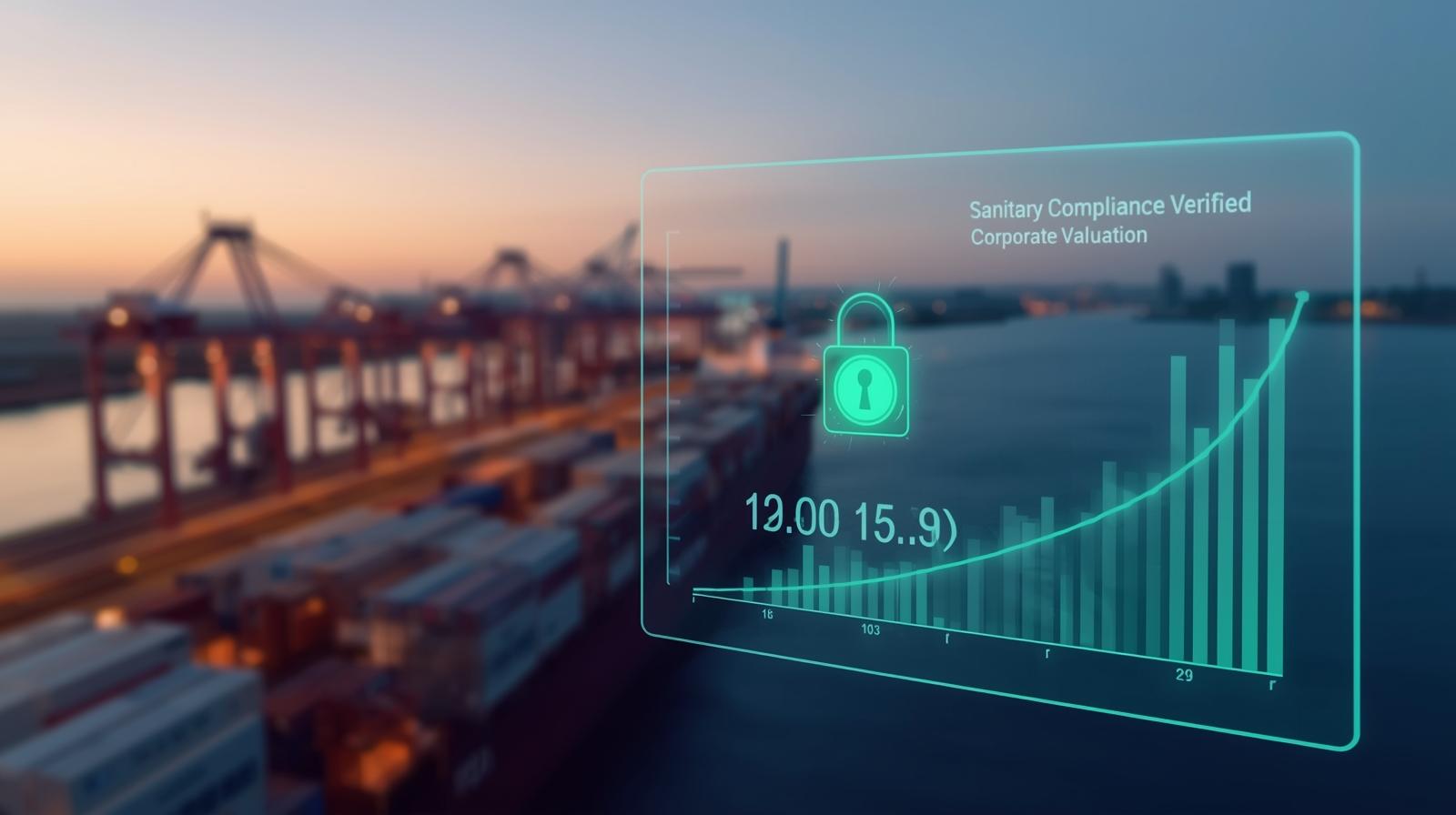 Interface ilustrando auditoria de compliance sanitário cruzada com exigências de portos internacionais