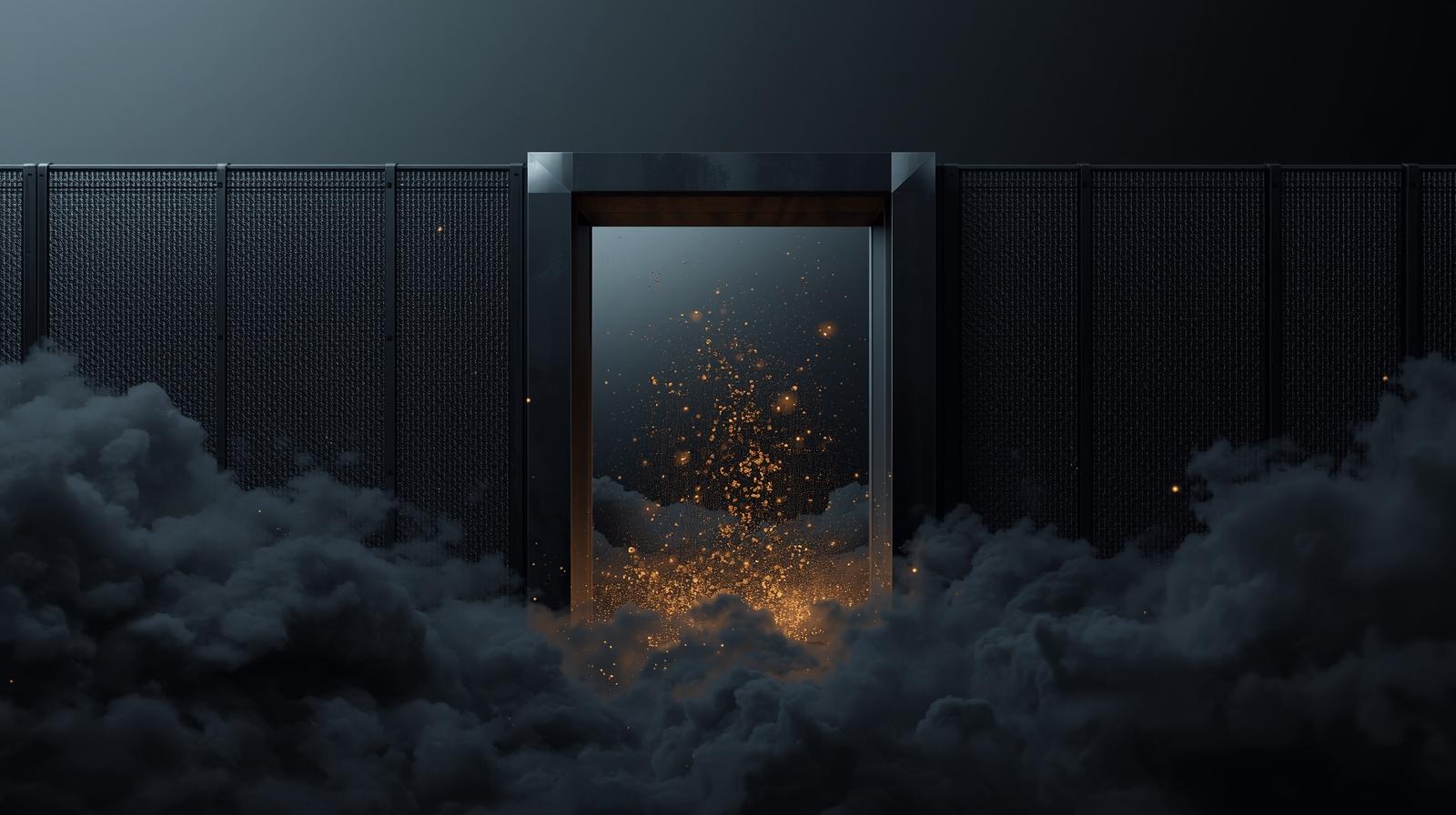 Representação visual de um perímetro de segurança corporativa tradicional sendo contornado. O cofre de dados permanece trancado, mas os colaboradores estão transmitindo voluntariamente fluxos de dados dourados (IP) para uma nuvem pública massiva e obscura.