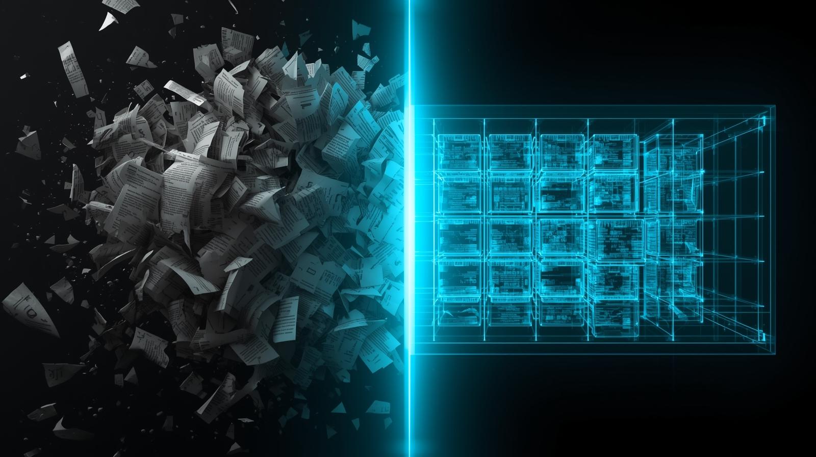 Visualização de um sistema de Prontuário Eletrônico (PEP) fragmentado e caótico sendo processado e organizado por um feixe de luz ciano, representando a Orquestração Agêntica contida e regulada pelas novas normas clínicas.